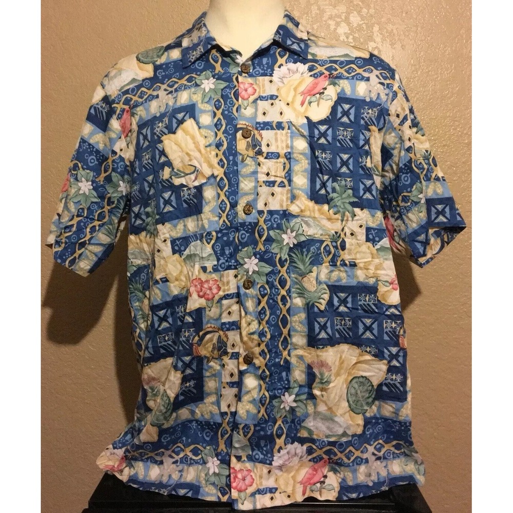 Joe Kealoha's Men's Size 2XL Blue Floral Hibiscus Fish Bird Hawaiian Shirt XXL